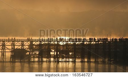 Wooden bridge of Sangkla Buri in Kanjanaburi province,Thailand, Morning day.