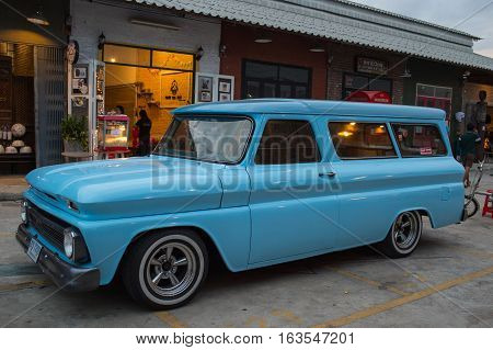 Old Vintage Blue Chevrolet Car At Night Market, Srinakarin Road
