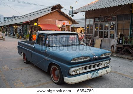 Old Vintage Blue Chevrolet Truck At Night Market, Srinakarin Road