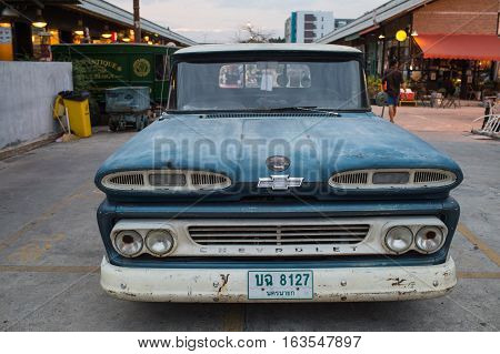 Old Vintage Blue Chevrolet Truck At Night Market, Srinakarin Road