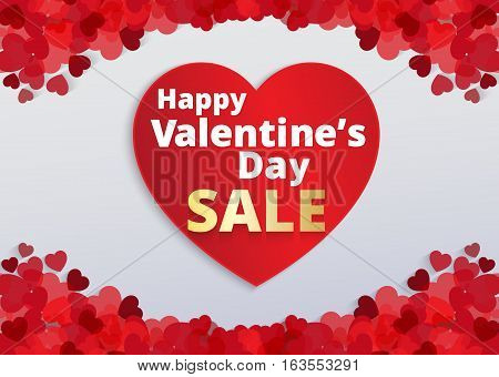 Valentine love card with red heart footer and sale text . Vector paper illustration.