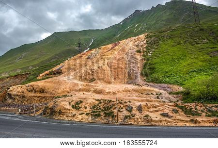 Mineral Water Stream Covered The Slope With Travertine Deposits, Cross Pass, Gudauri, Georgia