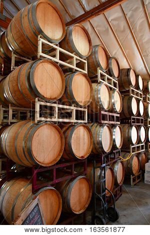 San Luis Obispo USA - july 15 2016 : barrel in the cellar of the Claiborne and Churchhill winery