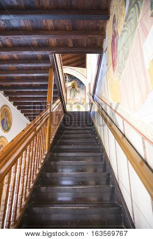 Kykkos Greece - November 24 2016: Cyprus island the staircase to the balcony over the courtyard of the Kykkos monastery