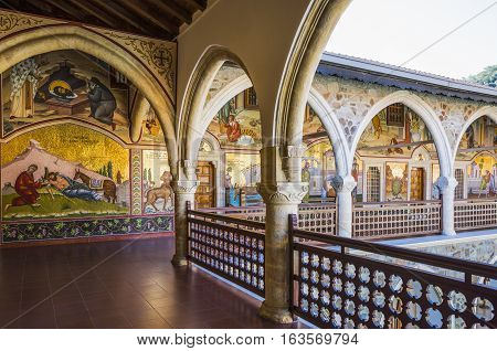 Kykkos Greece - November 24 2016: Cyprus island the sacred paintings in the balcony over the courtyard of the Kykkos monastery