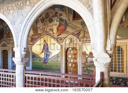 Kykkos Greece - November 24 2016: Cyprus island the sacred paintings in the balcony over the courtyard of the Kykkos monastery