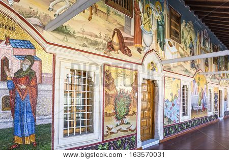 Kykkos Greece - November 24 2016: Cyprus island the sacred paintings in the balcony over the courtyard of the Kykkos monastery