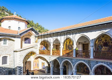 Kykkos Greece - November 24 2016: Cyprus island the sacred paintings of the balcony over the courtyard of the Kykkos monastery