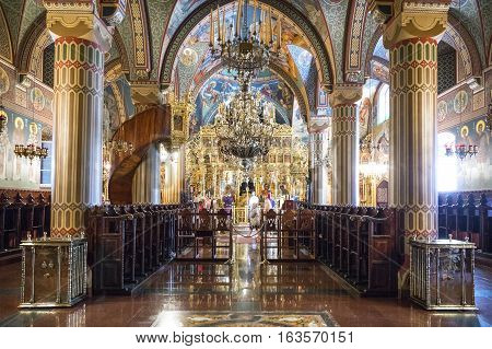 Kykkos Greece - November 24 2016: Cyprus island decorations and sacred paintings in the church of the Kykkos monastery