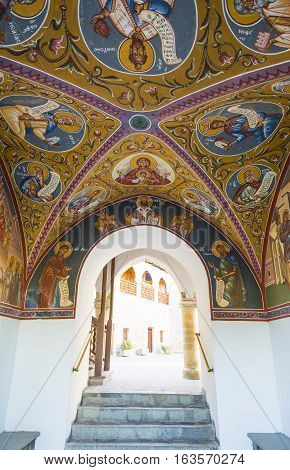 Kykkos Greece - November 24 2016: Cyprus island the sacred paintings of the Kykkos monastery entry