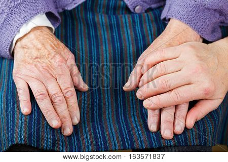 Young carer giving helping hands for elderly woman