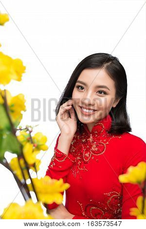 Portrait of a beautiful Asian woman on traditional festival costume Ao Dai holding Hoa Mai tree (Ochna Integerrima) flower. Tet holiday. Lunar New Year.