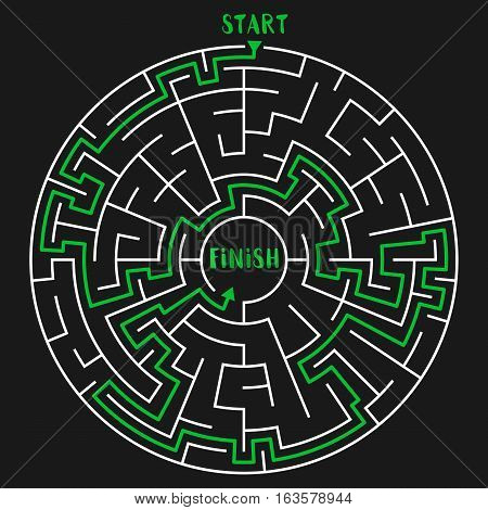 Circle Maze with Solution. Labyrinth with Entry and Exit. Find the Way Out Concept. Transportation and Logistics Vector Illustration.