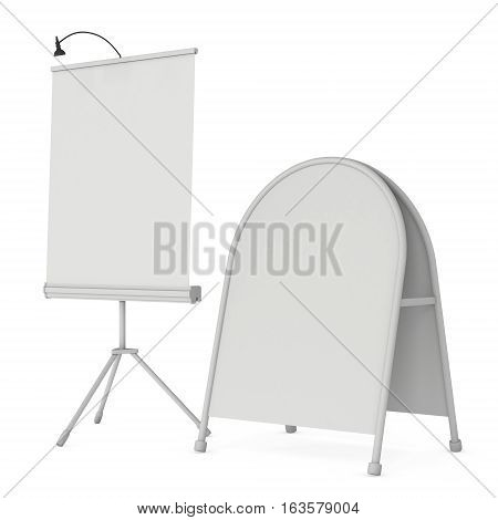 Blank Roll Up Expo Banner Stand and Sandwich board. Trade show booth white and blank. 3d render illustration isolated on white background. Template mockup for expo design. Blank menu outdoor display.