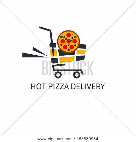 Icon deliver hot pizza. Logo of pizzeria. Fast food in hand cart. Vector illustration.