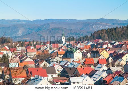 Panoramic view of Croatian town Delnice, Gorski Kotar in winter