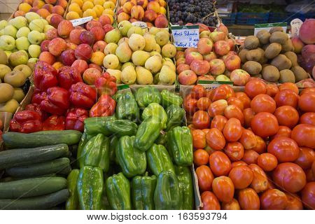 the Food Market in the Market Hall the Old Town of Olhao at the east Algarve in the south of Portugal in Europe.