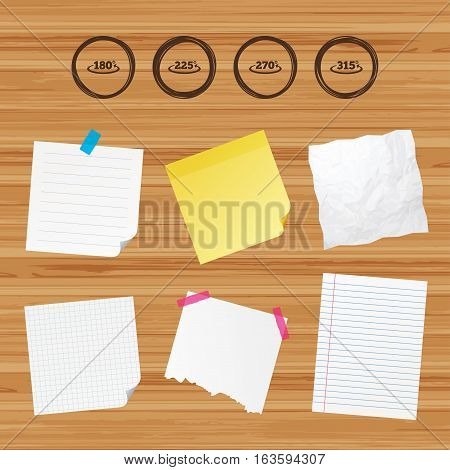 Business paper banners with notes. Angle 180-315 degrees icons. Geometry math signs symbols. Full complete rotation arrow. Sticky colorful tape. Vector