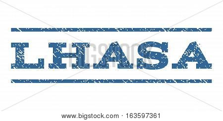 Lhasa watermark stamp. Text caption between horizontal parallel lines with grunge design style. Rubber seal stamp with dust texture. Vector cobalt color ink imprint on a white background.