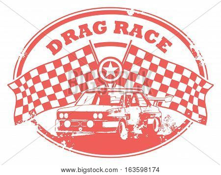 Grunge rubber stamp with Checkered Flags and the text Drag Race written inside, vector illustration