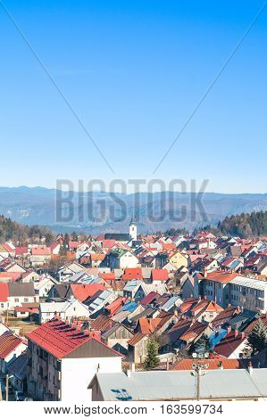 Panoramic view of Croatian town Delnice, Gorski Kotar in winter