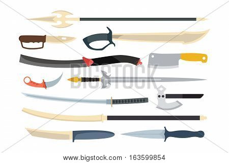 Knife weapon dangerous collection. Vector illustration of sword spear. Edged weapons set. Combat andbonder bayonet cold protection or attack steel arms.