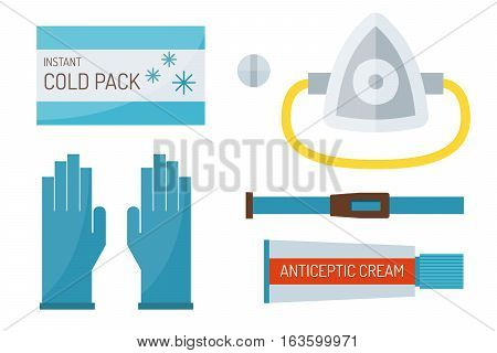 First aid kit isolated on white background. Medical symbols emergency sign cross first sterile bandages. Assistance clinical equipment case safety sign.