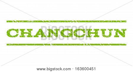 Changchun watermark stamp. Text caption between horizontal parallel lines with grunge design style. Rubber seal stamp with dirty texture. Vector eco green color ink imprint on a white background.