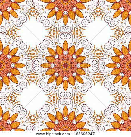 Raster Seamless Pattern With Ink Hand Drawn Orange Flowers And Leaves Sketch. Vintage Background On 