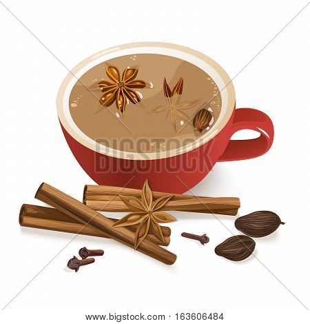 Warming beverage with cinnamon, star anise, cardamom, cloves and nutmeg. Decorative vector illustration with spices and ingredients to cook indian masala tea on chalkboard background.