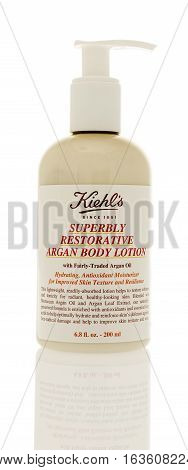 Winneconne WI - 21 December 2016: Bottle of Kiehl's superbly restorative argan body lotion on an isolated background.