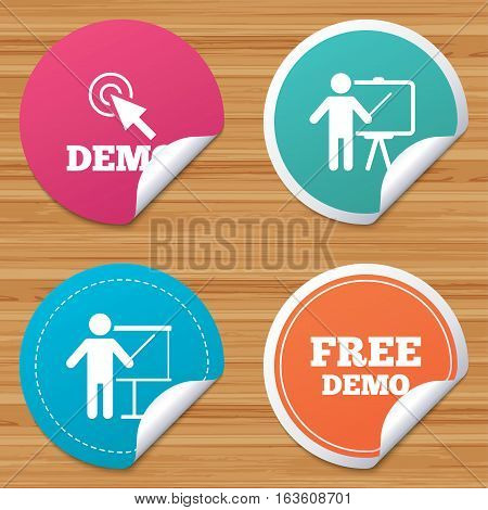 Round stickers or website banners. Demo with cursor icon. Presentation billboard sign. Man standing with pointer symbol. Circle badges with bended corner. Vector