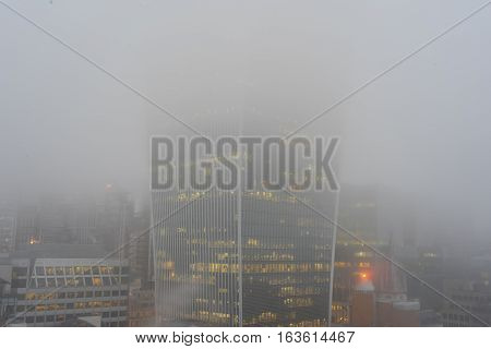 Thick fog covering the City of London on a winter's day