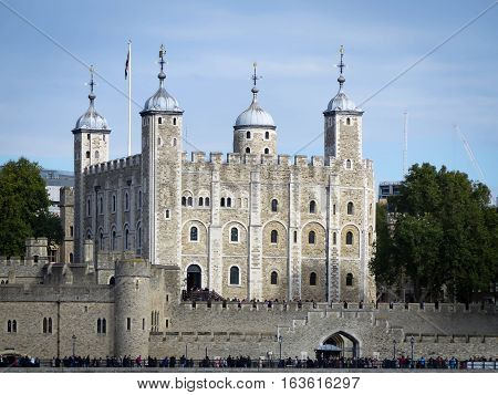 The Tower of London seen from the River Thames with a view of the water-gate called Traitors' Gate
