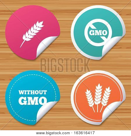 Round stickers or website banners. Agricultural icons. Gluten free or No gluten signs. Without Genetically modified food symbols. Circle badges with bended corner. Vector