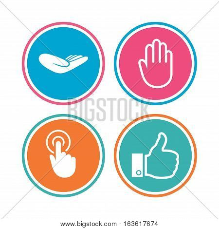 Hand icons. Like thumb up symbol. Click here press sign. Helping donation hand. Colored circle buttons. Vector