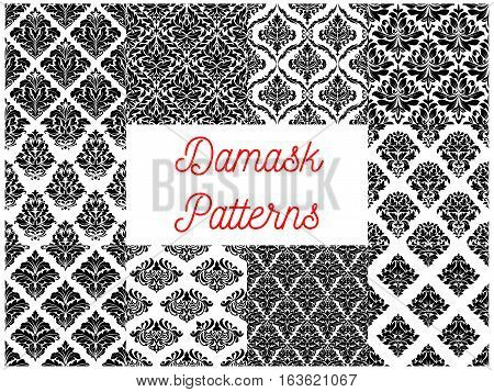Damask patterns set. Vector floral embellishment and tracery motif. Luxury flowery backdrops and ornate ornament tiles. Vector seamless flourish baroque background with rococo design