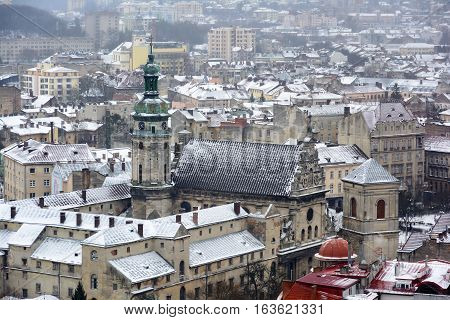 Winter Day in Lviv. View of the central part of the city and churches Lviv from the observation deck of the tower City council.