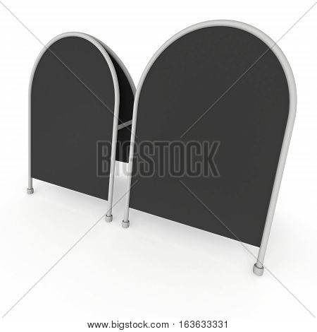 Sandwich board. Black menu outdoor display with clipping path. Trade show booth white and blank. 3d render isolated on white background. High Resolution Template for your design.
