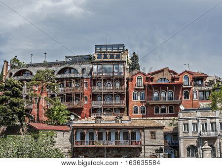 Georgia Tbilisi the old town area Avlabari. Famous Tbilisi balconies.