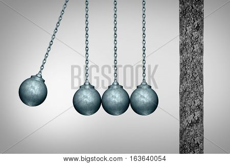 Momentum concept as a group of wrecking balls as a newton cradle pendulum symbol facing a cement wall as a business metaphor for applying a tream strategy to break an obstacle with 3D illustration elements.