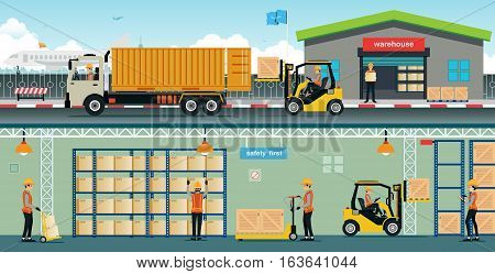 Warehouse workers are arranging goods on the shelves.