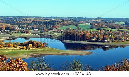 Talsperre Pohl water reservoir with nice autumn countryside around from Julius-Mosen-Turm view tower near Plauen city in Vogtland region in Saxony in Germany