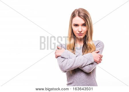 Young Blonde Girl Get Cold Gesture On White Background