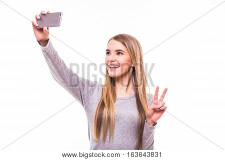 Smile girl take selfie on phone back