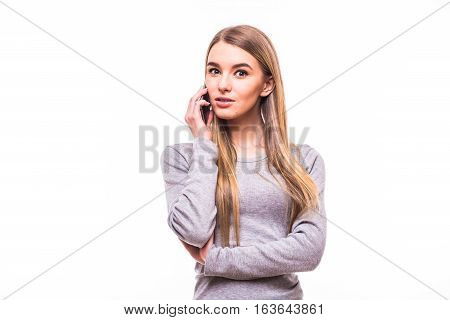 Blonde Girl Speak On Phone On White