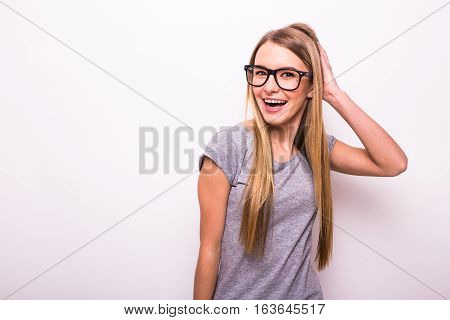 Happy Blonde Girl In Glasses On White Background