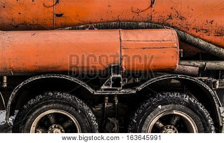 Truck, truck with tank, orange cistern, truck fragment, lorry, gasoline tanker