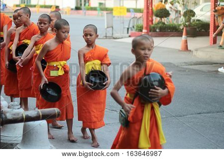 Novice Walk Line To Given Food And Lotus From Buddhist .