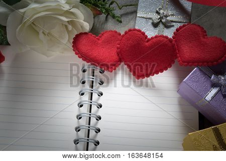 Valentine Day Background,red Heart With Notebook Paper Red White Rose